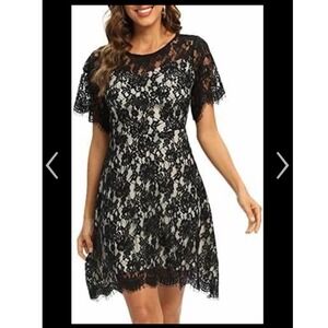 MSLG Black Lace Overlay Sheath Dress Beige Lining Short Sleeve Cocktail Dress XS